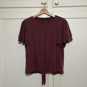 Merlot Tie Front Blouse Ruffle Sleeve Top Modal Blend Size M